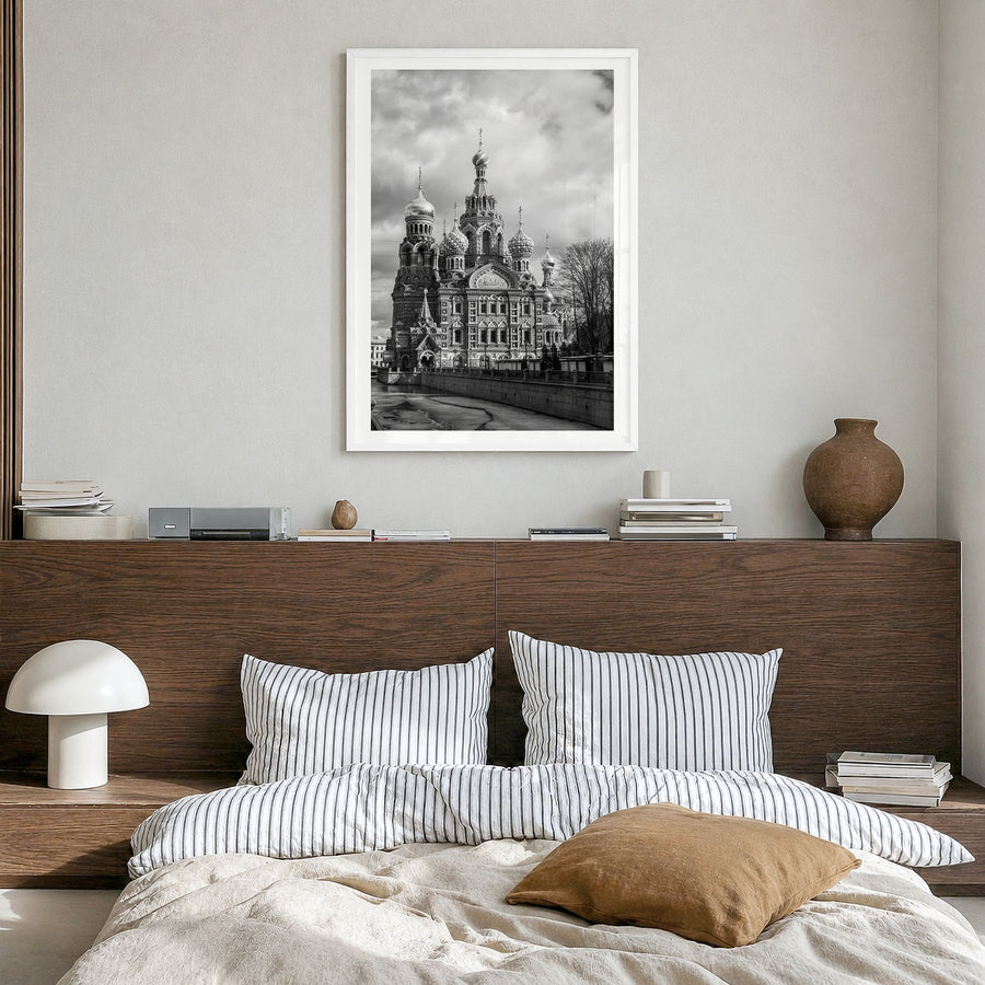 St. Petersburg, Russia Photo No 3 Poster in a white wood frame, hanging in a bedroom, white border