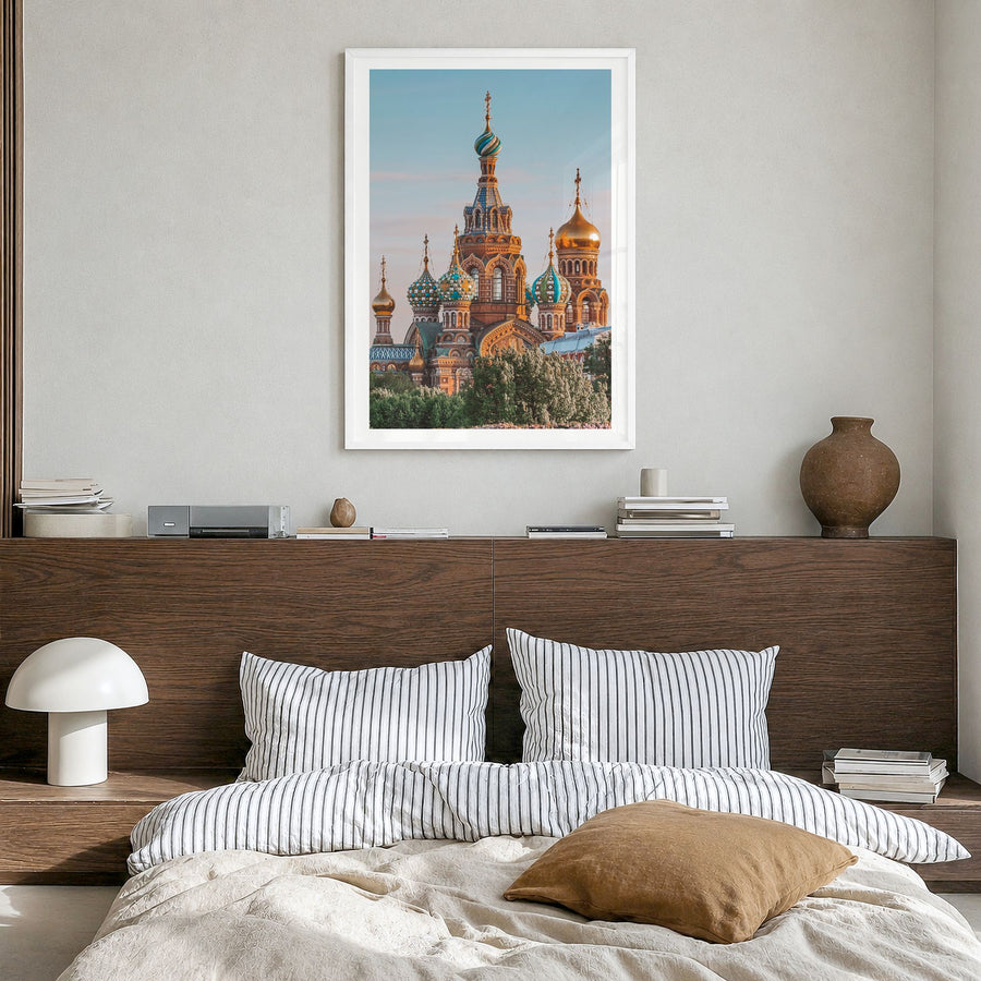 St. Petersburg, Russia Photo No 1 Poster in a white wood frame, hanging in a bedroom, white border