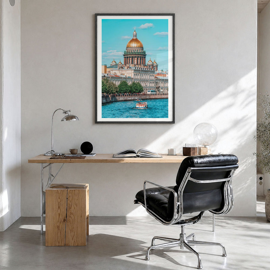 St. Petersburg, Russia Photo No 2 Poster in a black wood frame, hanging in a bright home office, white border