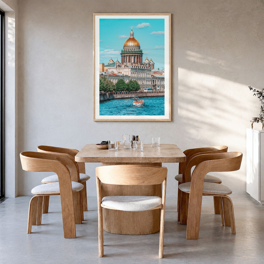 St. Petersburg, Russia Photo No 2 Poster in a natural wood frame, hanging in a dining room, white border