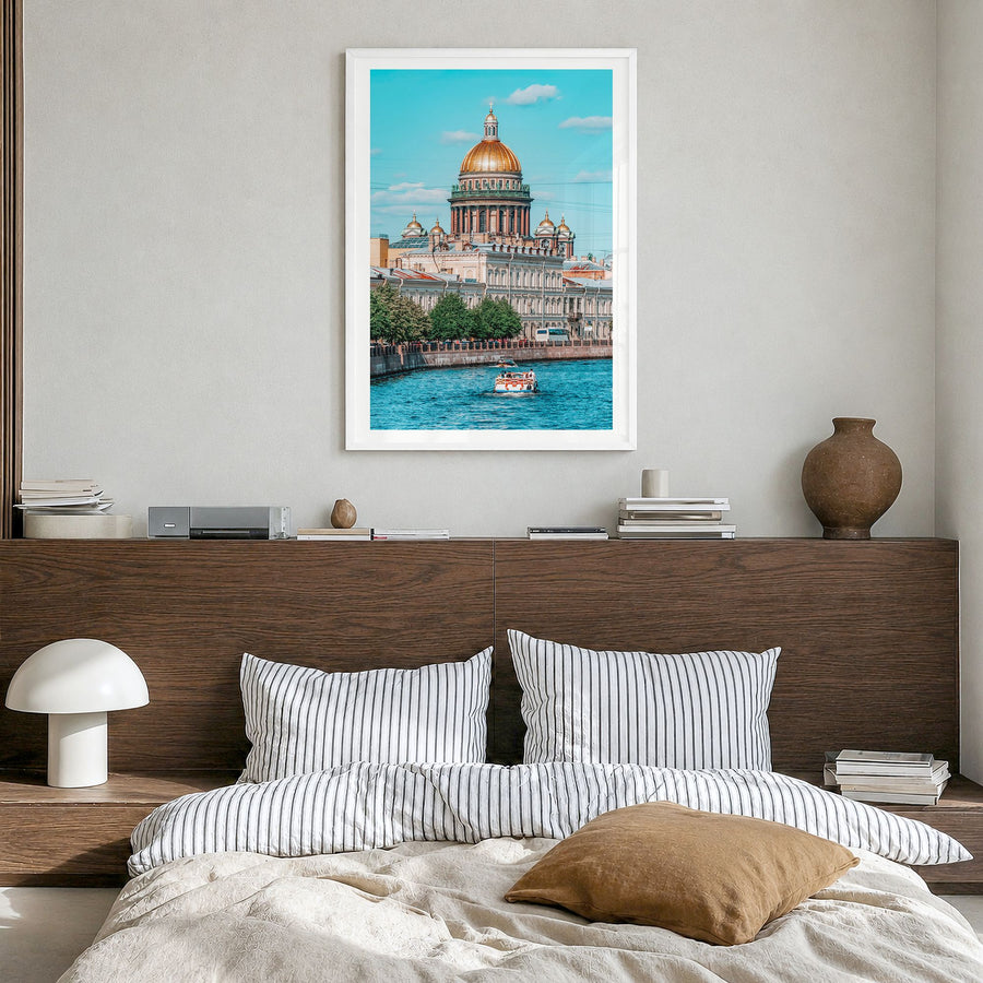St. Petersburg, Russia Photo No 2 Poster in a white wood frame, hanging in a bedroom, white border