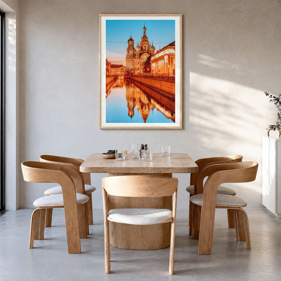 St. Petersburg, Russia Photo No 3 Poster in a natural wood frame, hanging in a dining room, white border