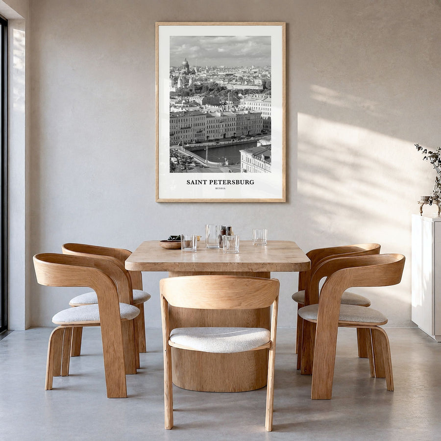 Saint Petersburg Classic Poster in a natural wood frame, hanging in a dining room