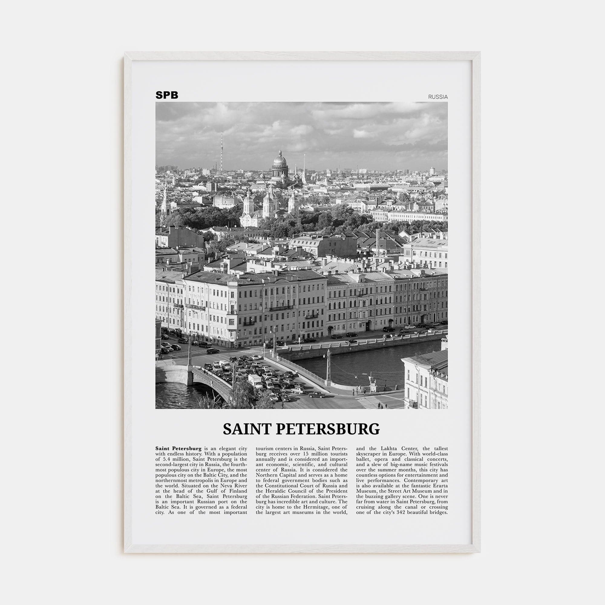 St. Petersburg, Russia Poster White Wood / 8x12 in Nbourhood Travel B&W Poster