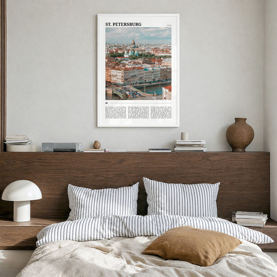 St. Petersburg, Russia Travel Poster in a white wood frame, hanging in a bedroom