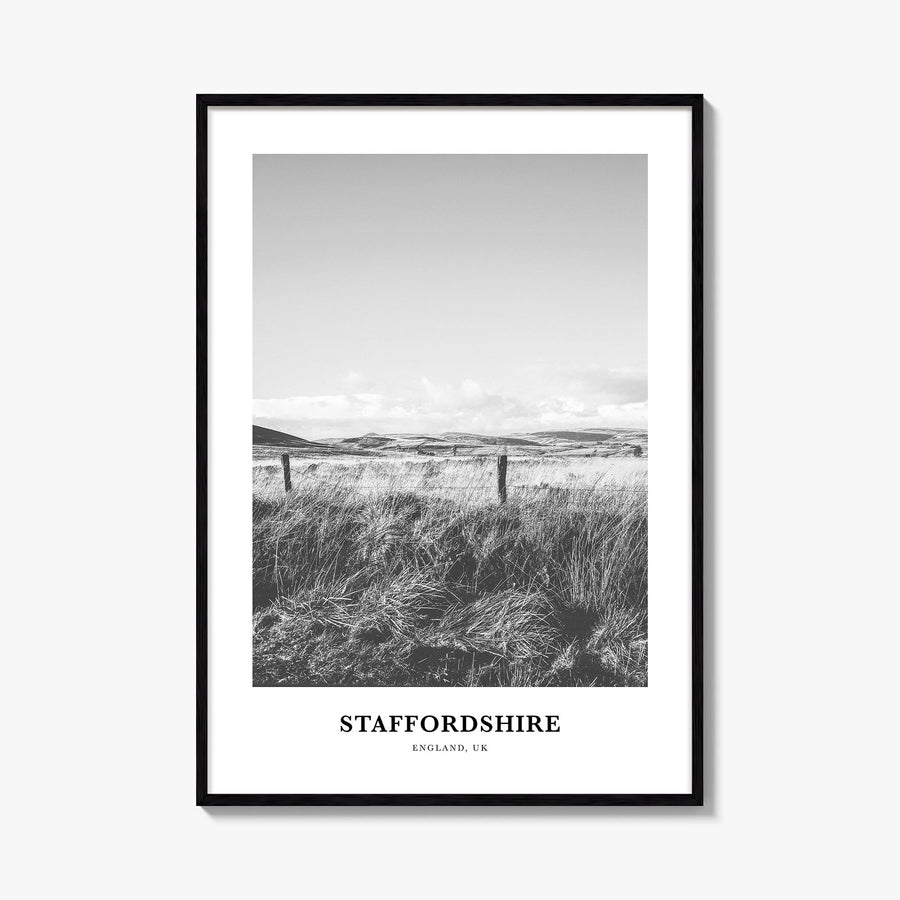 Staffordshire black & white classic poster of United Kingdom – vertical wall art, unframed print shown in interior mockup