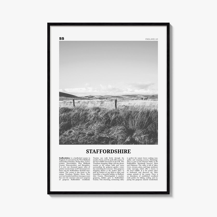 Staffordshire black & white newspaper poster of United Kingdom – vertical wall art, unframed print shown in interior mockup