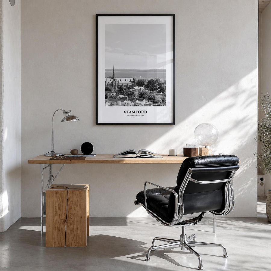 Stamford, Connecticut black & white classic poster of Connecticut, USA – vertical wall art in black wood frame, hanging on wa