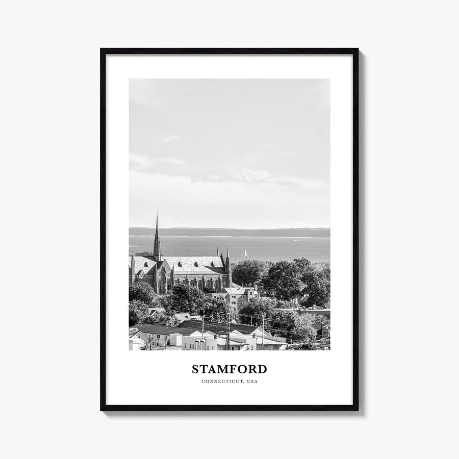 Stamford, Connecticut black & white classic poster of Connecticut, USA – vertical wall art, unframed print shown in interior 