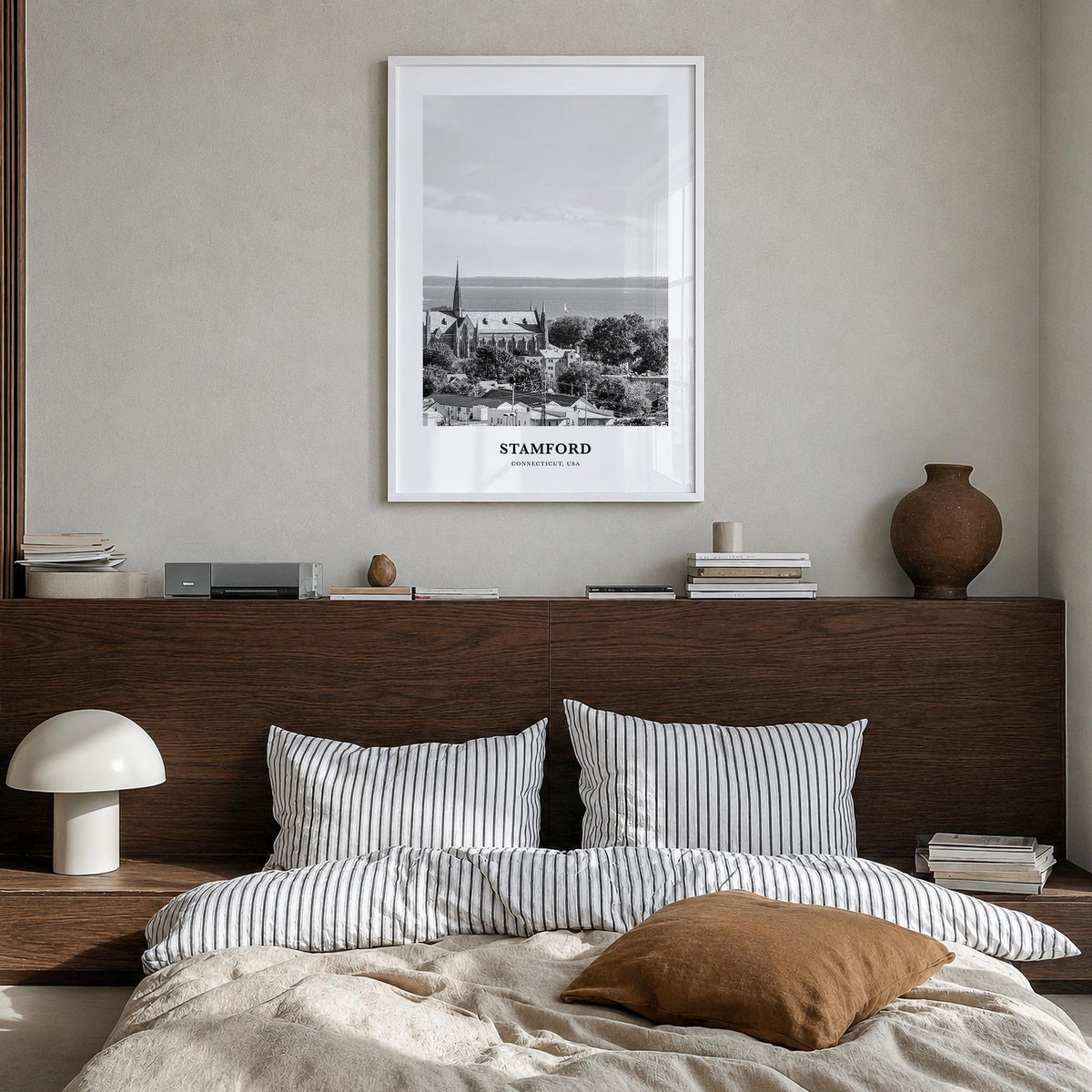 Stamford, Connecticut black & white classic poster of Connecticut, USA – vertical wall art in white wood frame, hanging on wa
