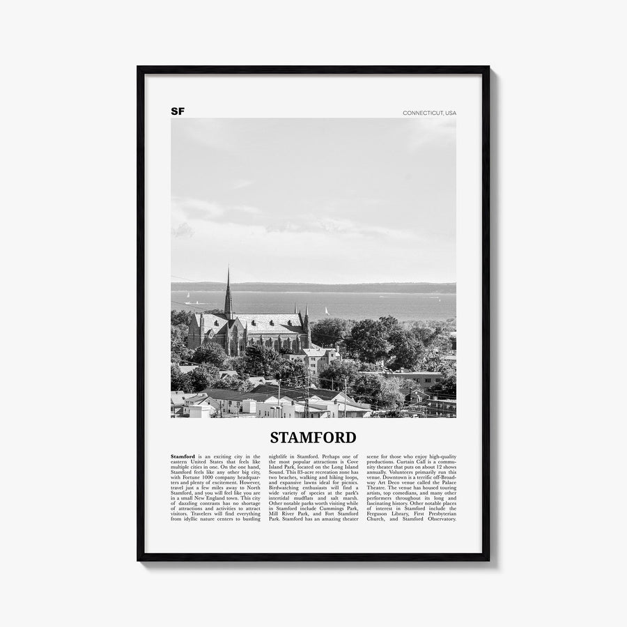 Stamford, Connecticut black & white newspaper poster of Connecticut, USA – vertical wall art, unframed print shown in interio