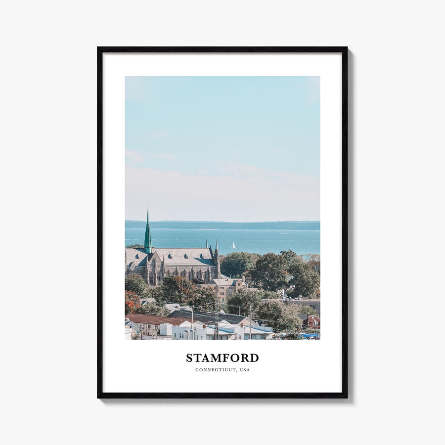 Stamford, Connecticut colorful classic poster of Connecticut, USA – vertical wall art, unframed print shown in interior mocku