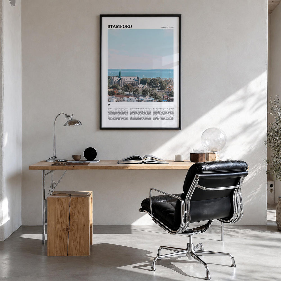 Stamford, Connecticut colorful travel poster of Connecticut, USA – vertical wall art in black wood frame, hanging on wall