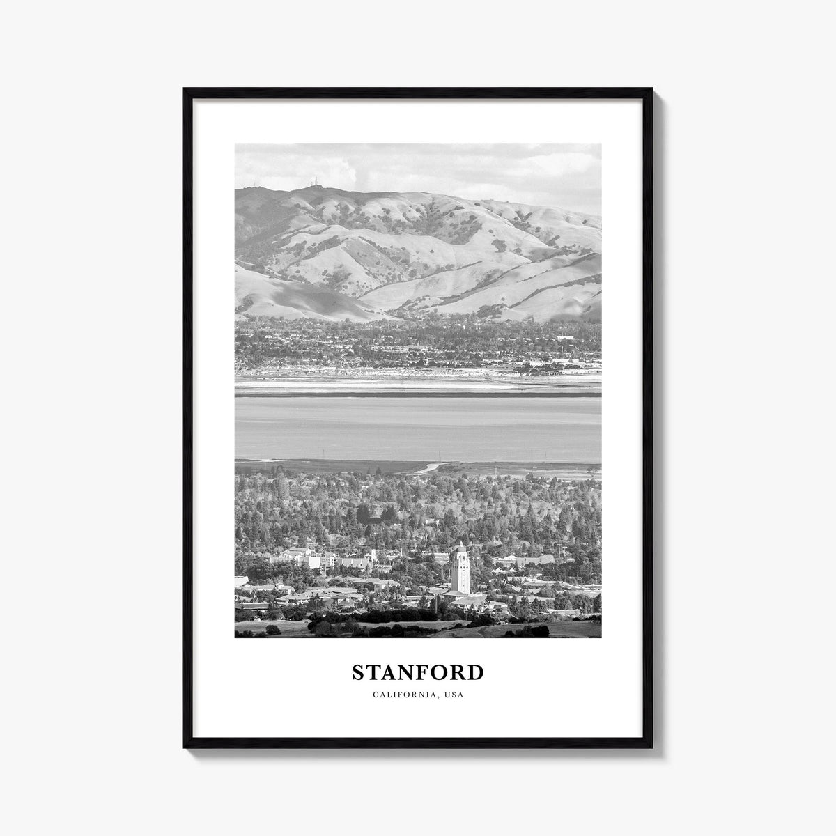 Stanford black & white classic poster of California, USA – vertical wall art, unframed print shown in interior mockup
