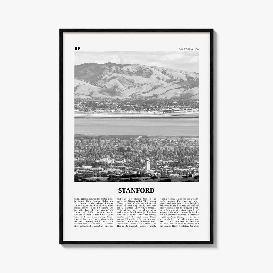 Stanford black & white newspaper poster of California, USA – vertical wall art, unframed print shown in interior mockup
