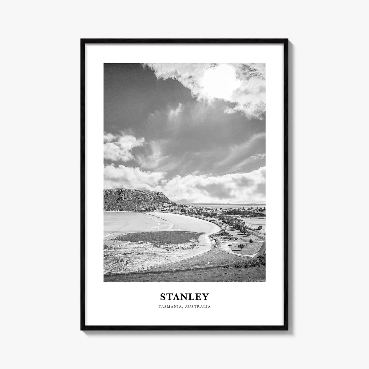 Stanley black & white classic poster of Falkland Islands – vertical wall art, unframed print shown in interior mockup