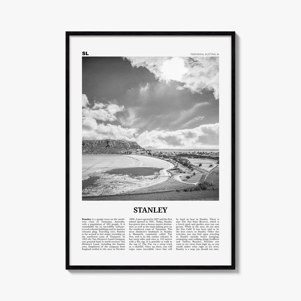 Stanley black & white newspaper poster of Falkland Islands – vertical wall art, unframed print shown in interior mockup