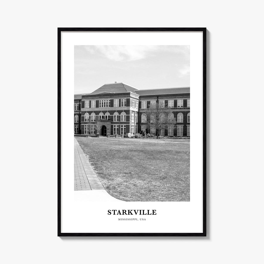 Starkville black & white classic poster of Mississippi, USA – vertical wall art, unframed print shown in interior mockup