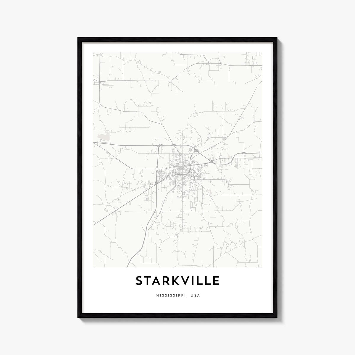 Starkville black & white map poster of Mississippi, USA – vertical wall art, unframed print shown in interior mockup