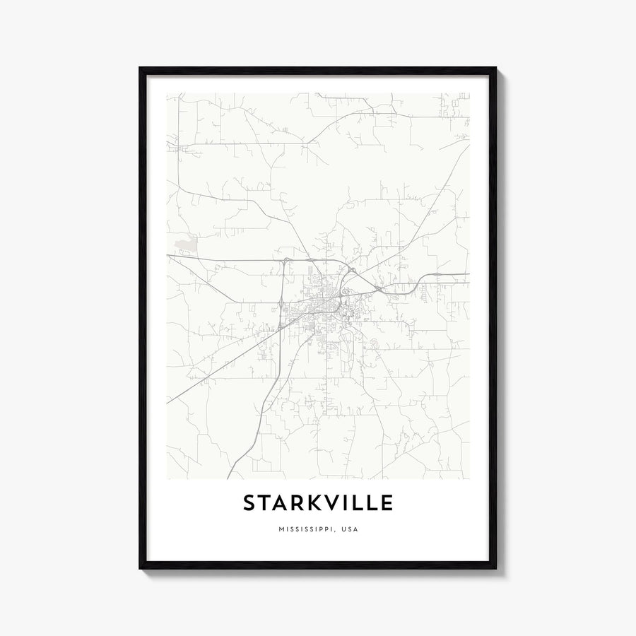 Starkville black & white map poster of Mississippi, USA – vertical wall art, unframed print shown in interior mockup