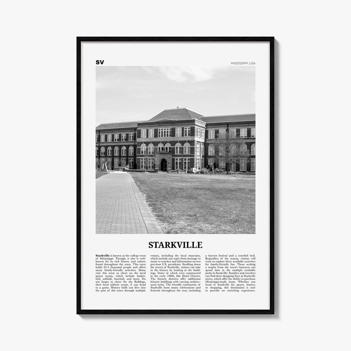 Starkville black & white newspaper poster of Mississippi, USA – vertical wall art, unframed print shown in interior mockup