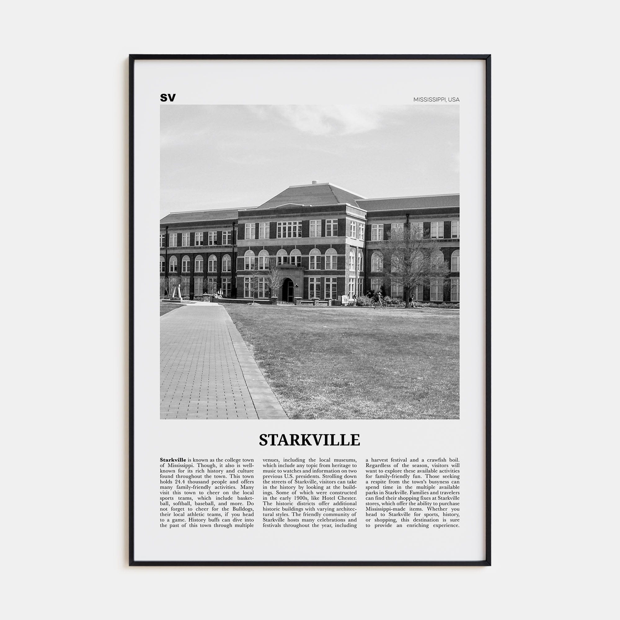 Starkville Poster Black Metal / 8x12 in Nbourhood Travel B&W Poster