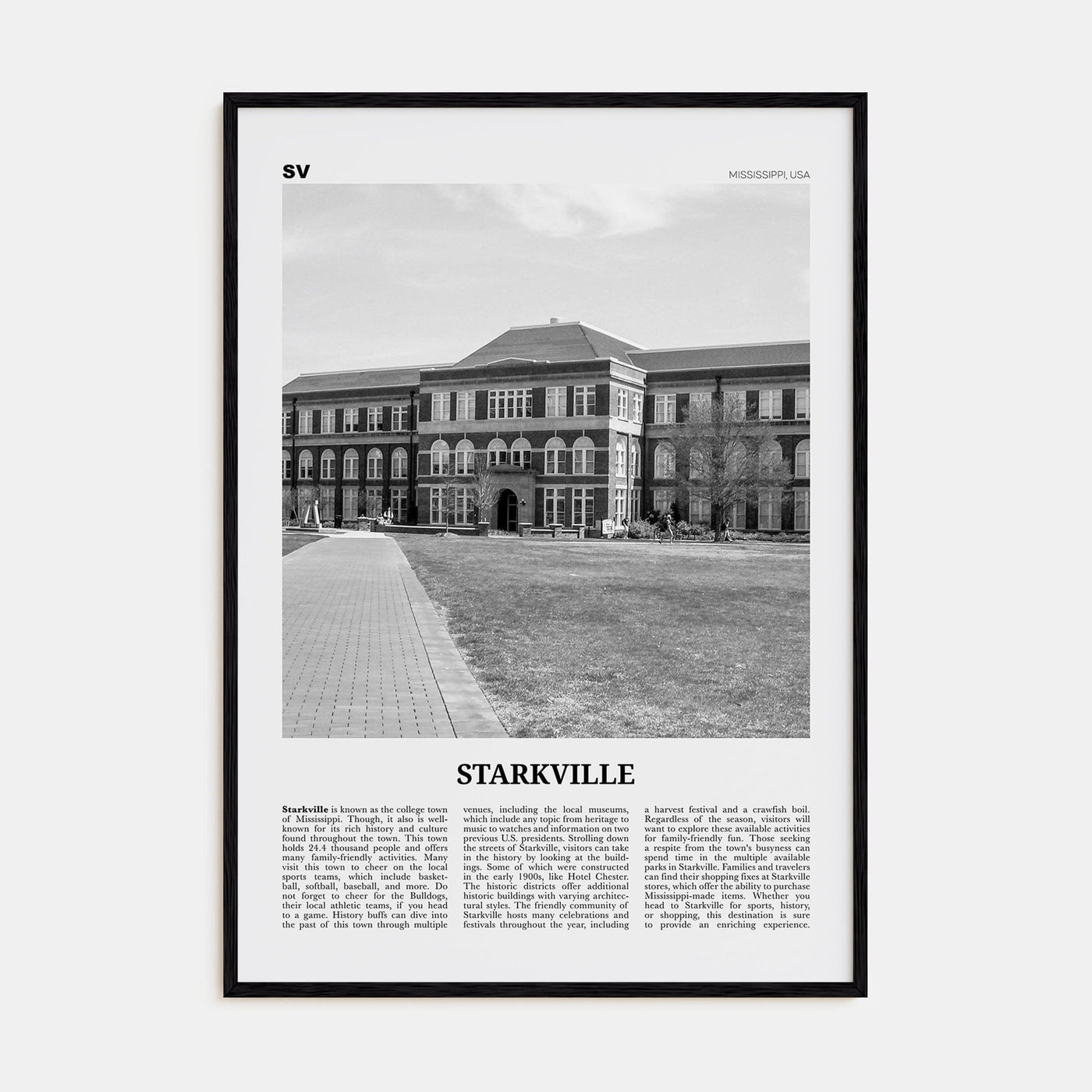 Starkville Poster Black Wood / 8x12 in Nbourhood Travel B&W Poster
