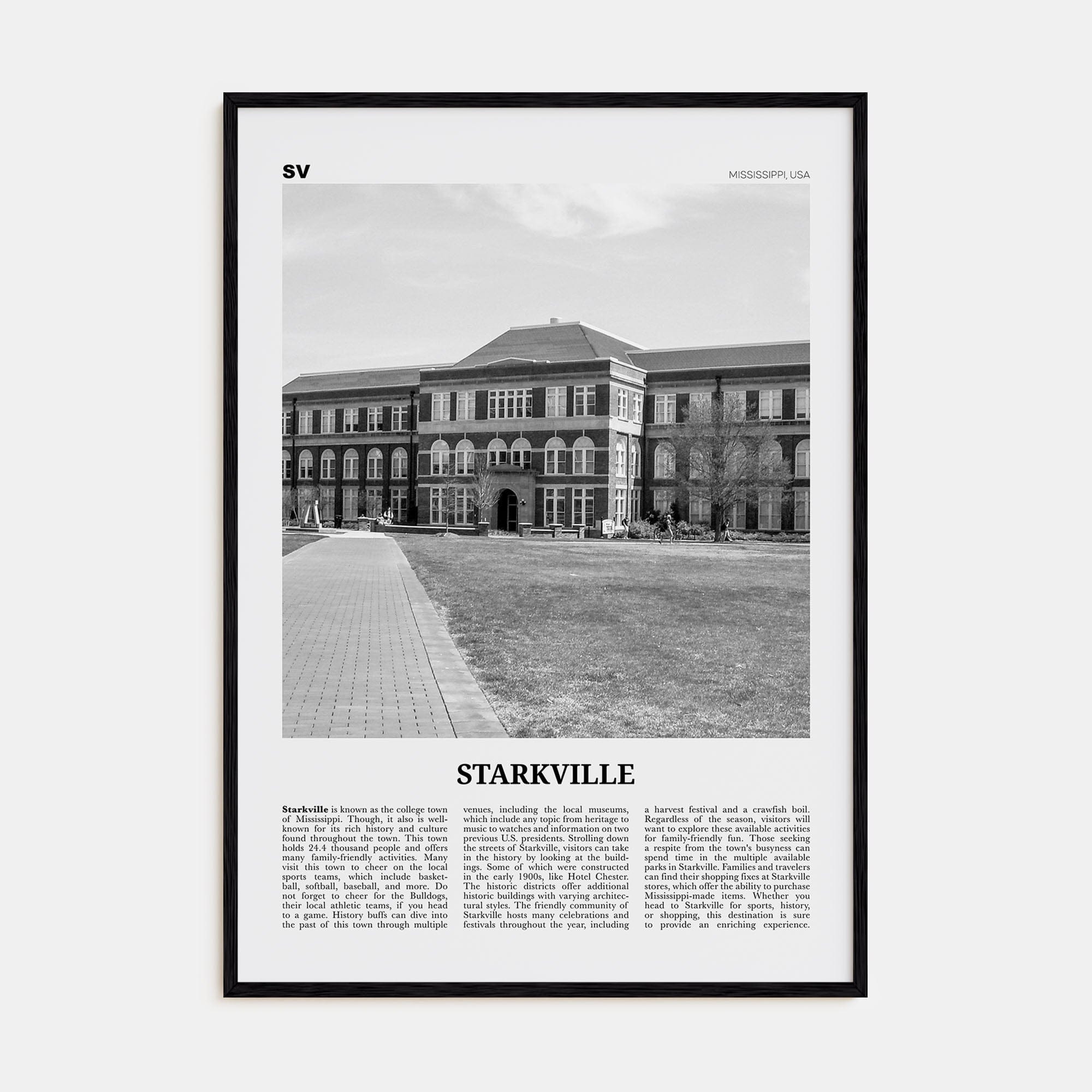 Starkville Poster Black Wood / 8x12 in Nbourhood Travel B&W Poster