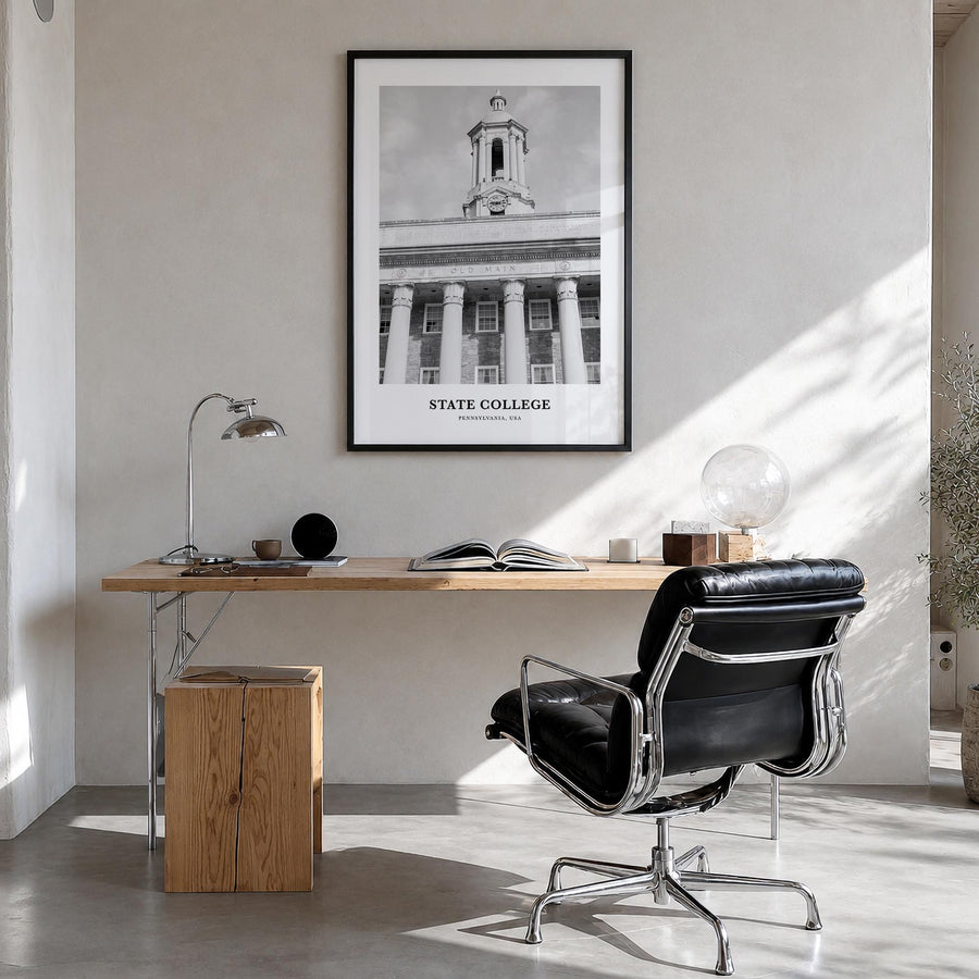 State College black & white classic poster of Pennsylvania, USA – vertical wall art in black wood frame, hanging on wall