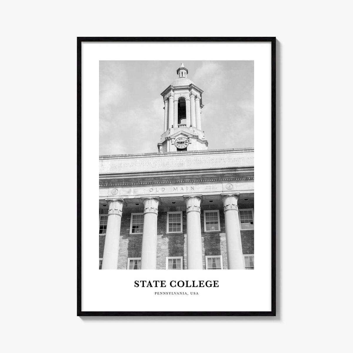 State College black & white classic poster of Pennsylvania, USA – vertical wall art, unframed print shown in interior mockup