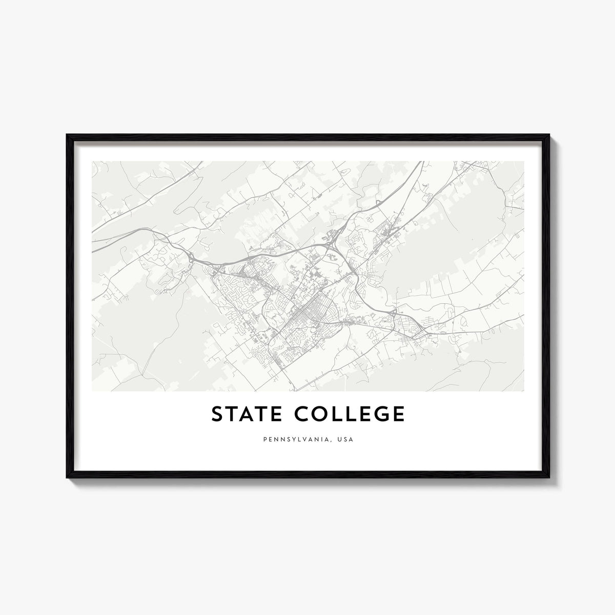 State College black & white map poster of Pennsylvania, USA – horizontal wall art, unframed print shown in interior mockup