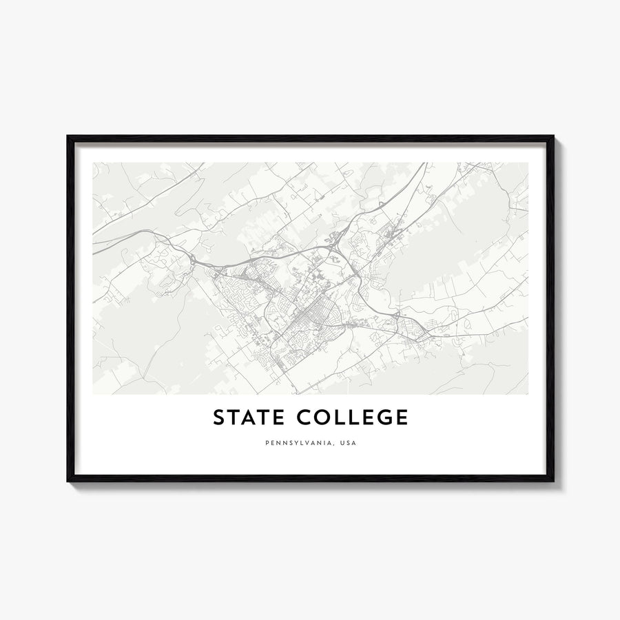 State College black & white map poster of Pennsylvania, USA – horizontal wall art, unframed print shown in interior mockup
