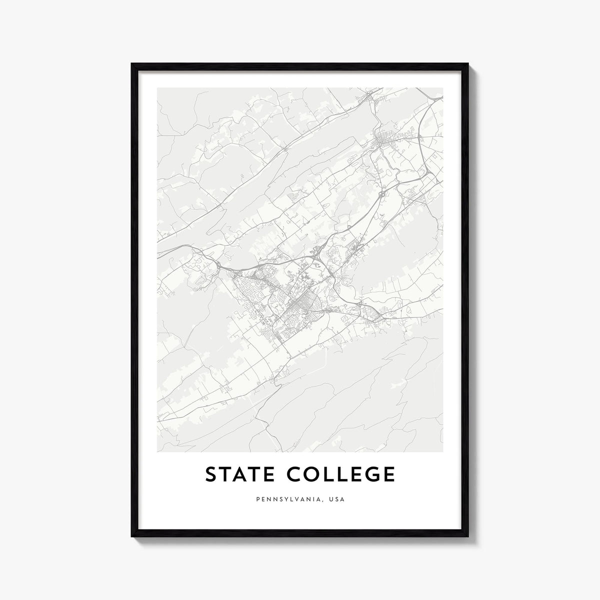State College black & white map poster of Pennsylvania, USA – vertical wall art, unframed print shown in interior mockup