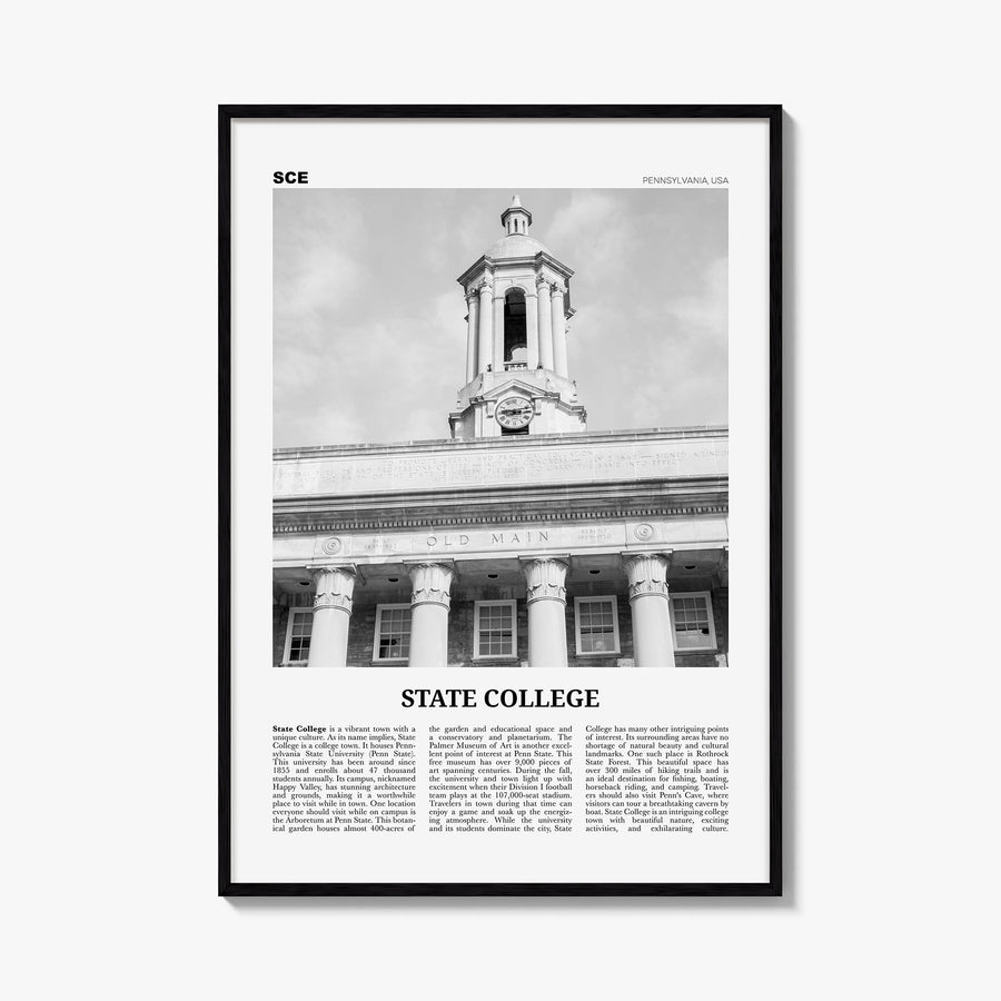 State College black & white newspaper poster of Pennsylvania, USA – vertical wall art, unframed print shown in interior mocku