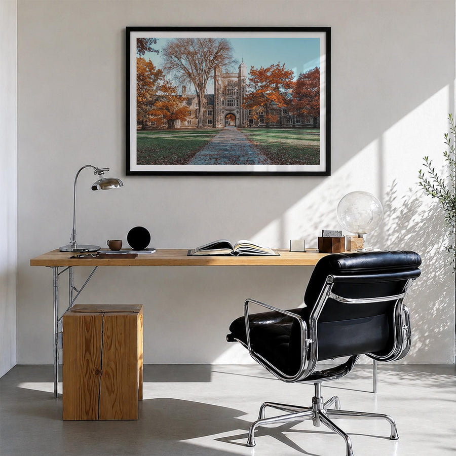 State College colorful photo poster of Pennsylvania, USA – horizontal wall art in black wood frame with white border, hanging