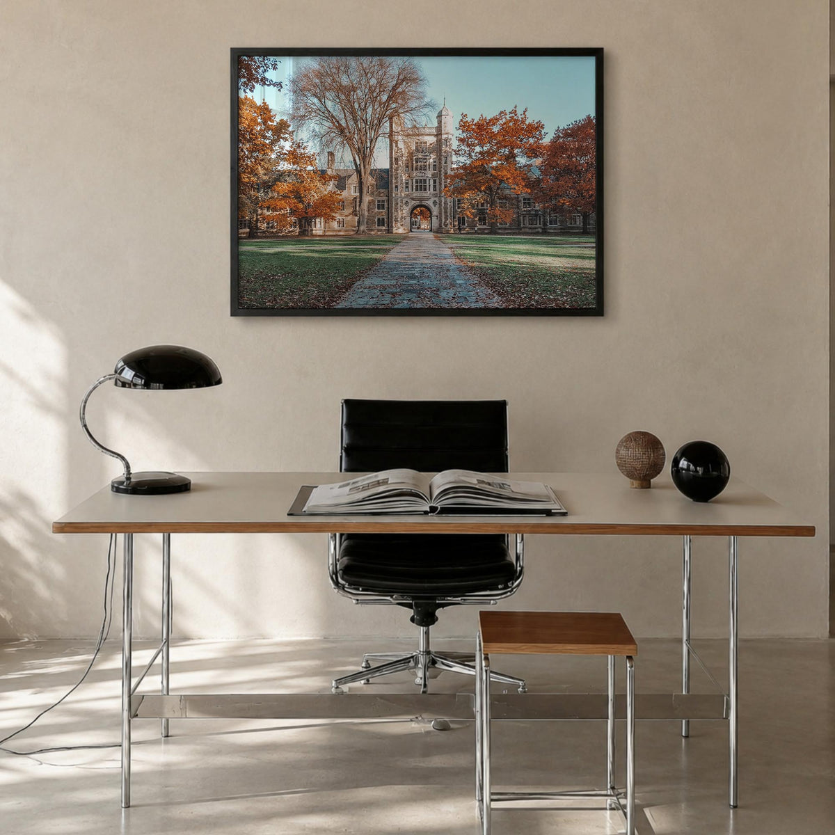 State College colorful photo poster of Pennsylvania, USA – horizontal wall art in black wood frame, hanging on wall