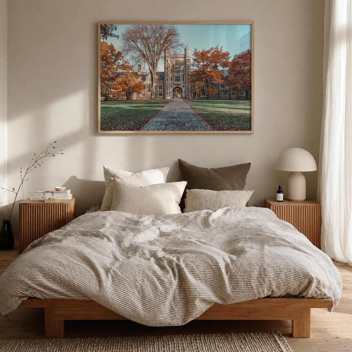 State College colorful photo poster of Pennsylvania, USA – horizontal wall art in natural wood frame, hanging on wall