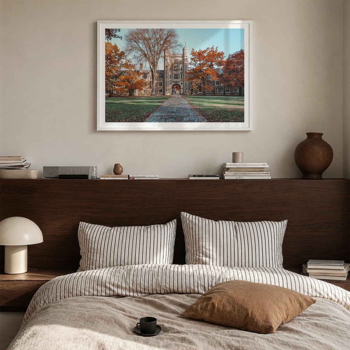 State College colorful photo poster of Pennsylvania, USA – horizontal wall art in white wood frame with white border, hanging
