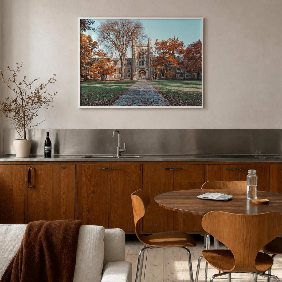 State College colorful photo poster of Pennsylvania, USA – horizontal wall art in white wood frame, hanging on wall