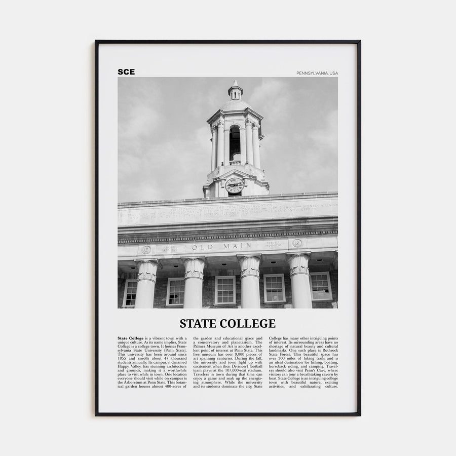 State College Poster Black Metal / 8x12 in Nbourhood Travel B&W Poster