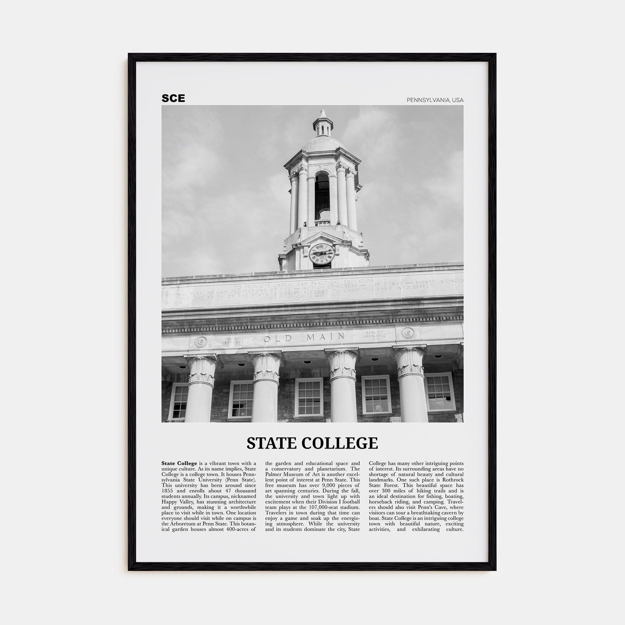 State College Poster Black Wood / 8x12 in Nbourhood Travel B&W Poster