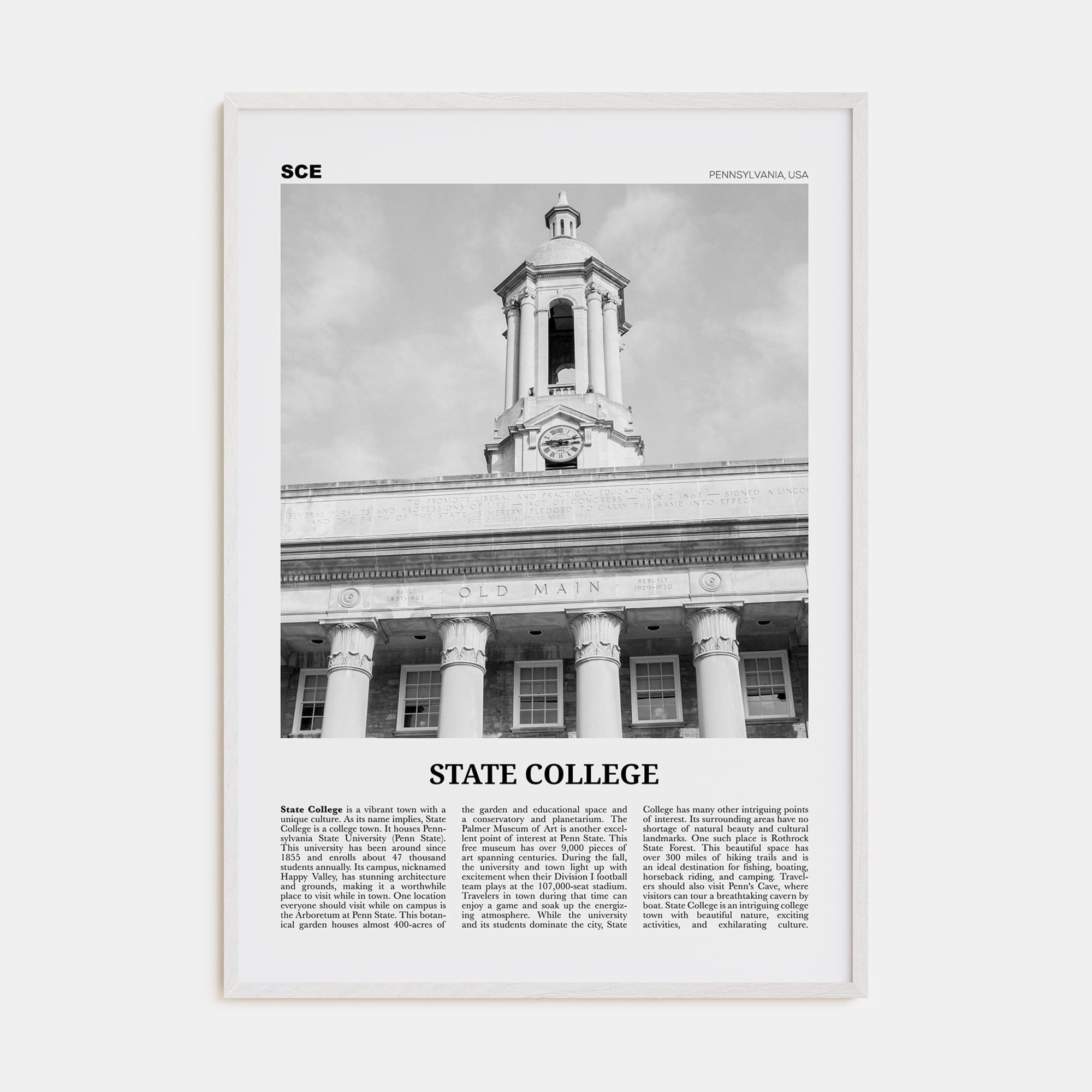 State College Poster White Wood / 8x12 in Nbourhood Travel B&W Poster