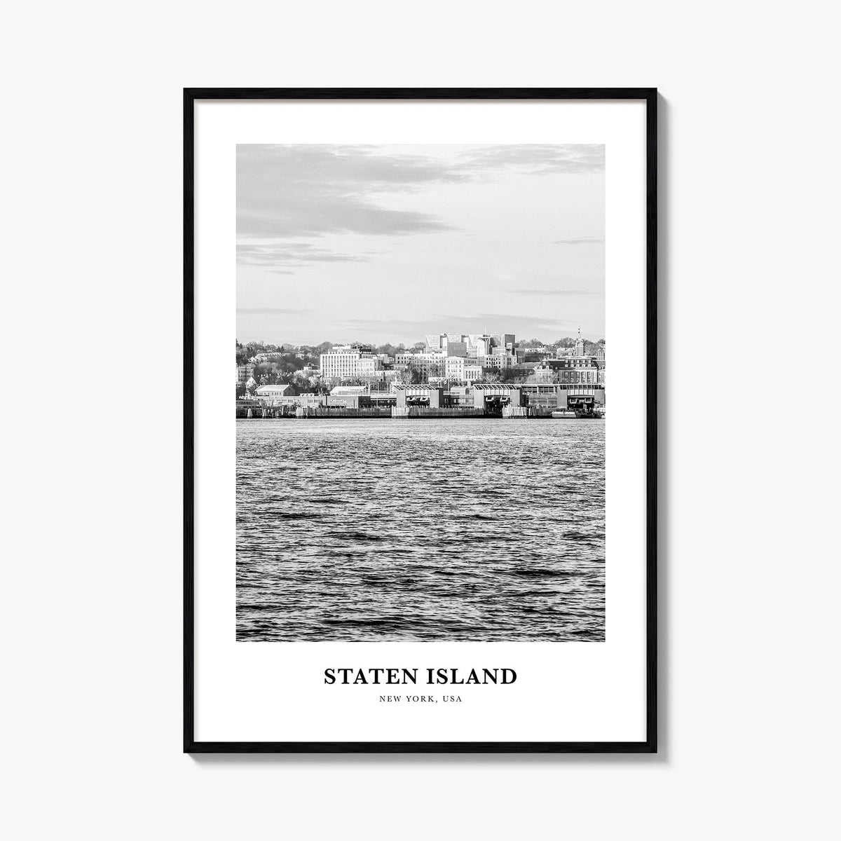 Staten Island black & white classic poster of New York City, New York – vertical wall art, unframed print shown in interior m