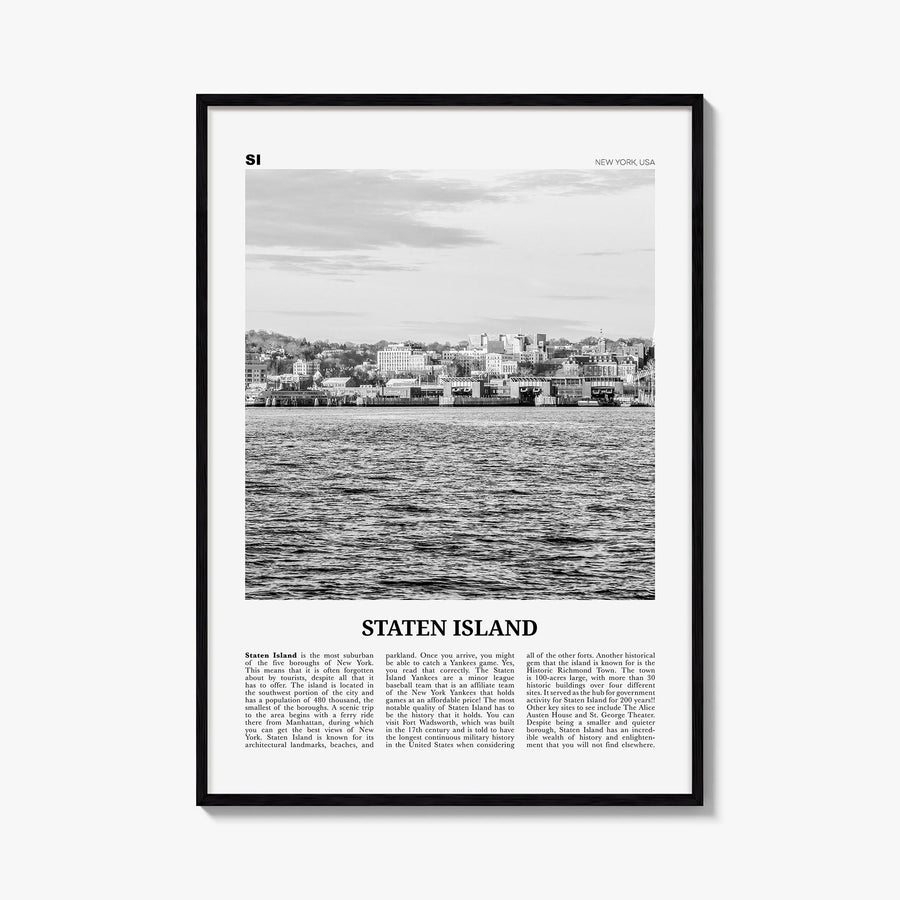Staten Island black & white newspaper poster of New York City, New York – vertical wall art, unframed print shown in interior