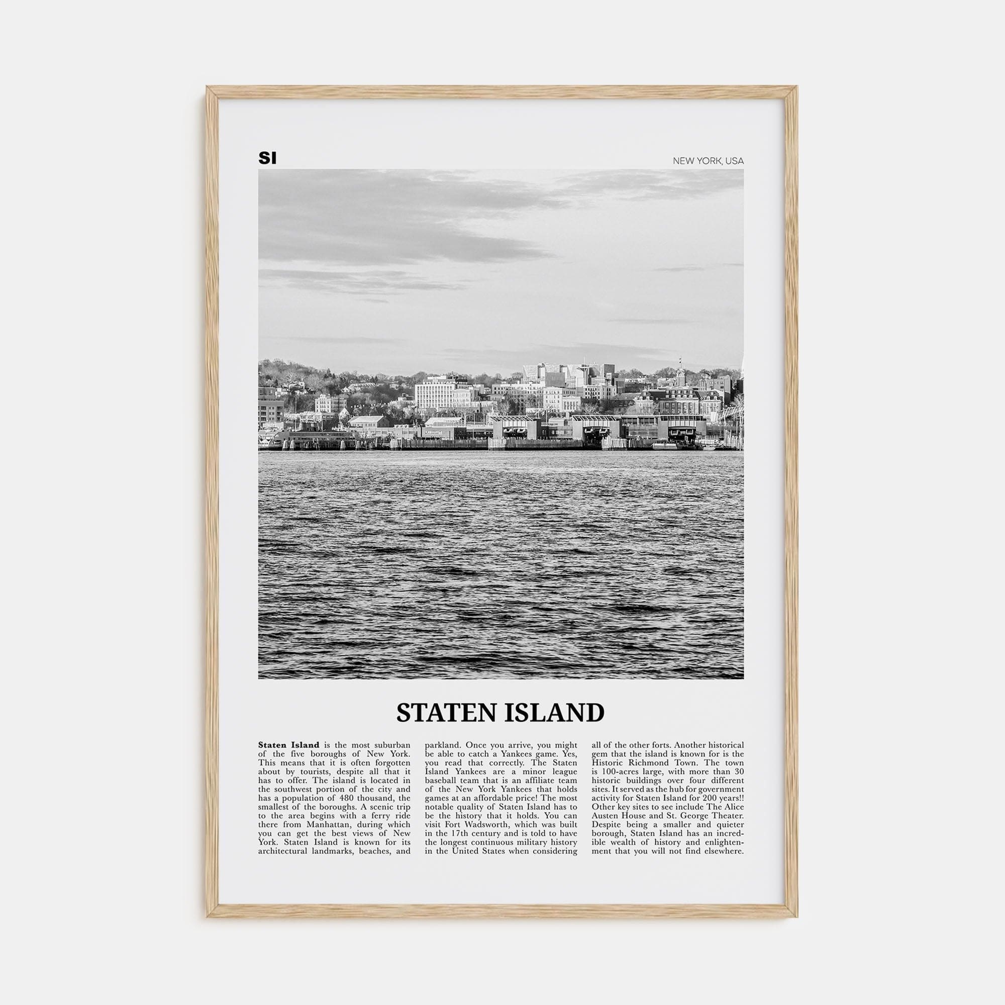 Staten Island Poster Natural Wood / 8x12 in Nbourhood Travel B&W Poster