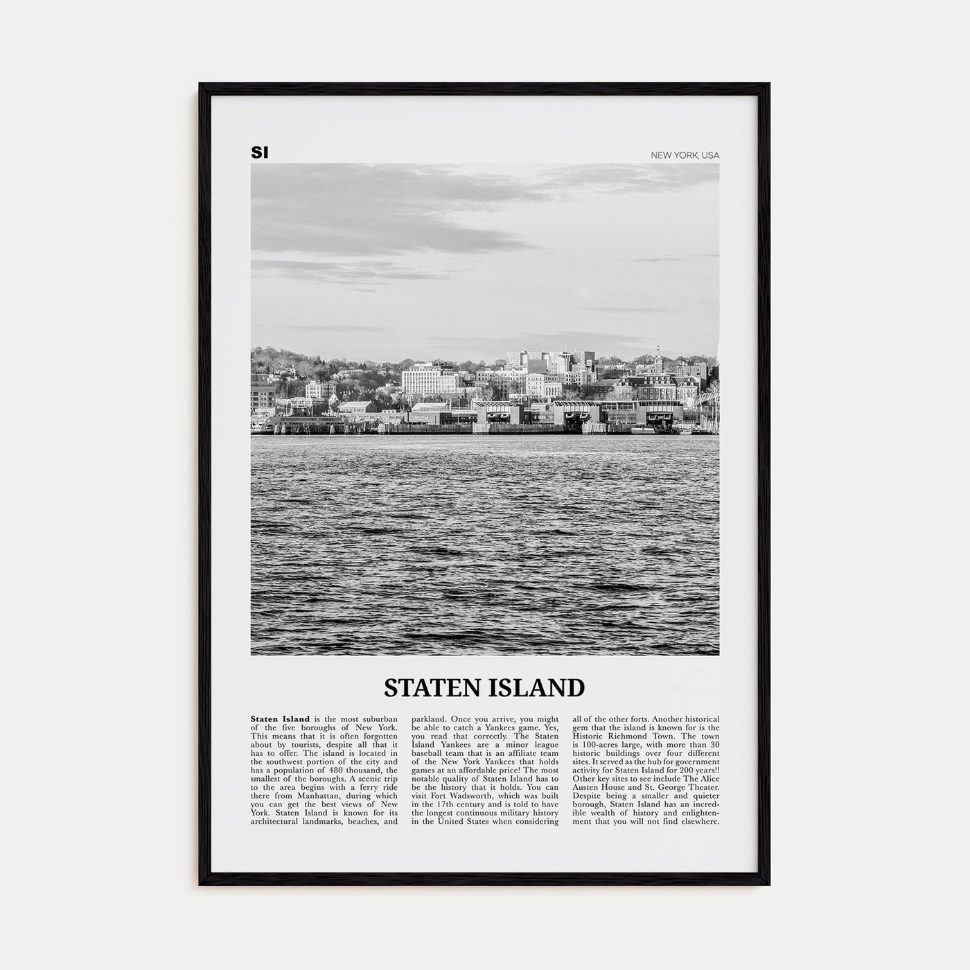 Staten Island Poster Black Wood / 8x12 in Nbourhood Travel B&W Poster