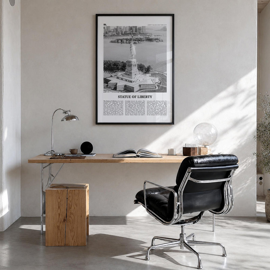 Statue of Liberty black & white newspaper poster of New York, USA – vertical wall art in black wood frame, hanging on wall