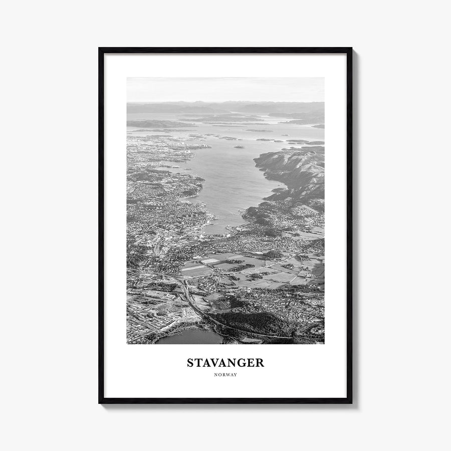 Stavanger black & white classic poster of Norway – vertical wall art, unframed print shown in interior mockup