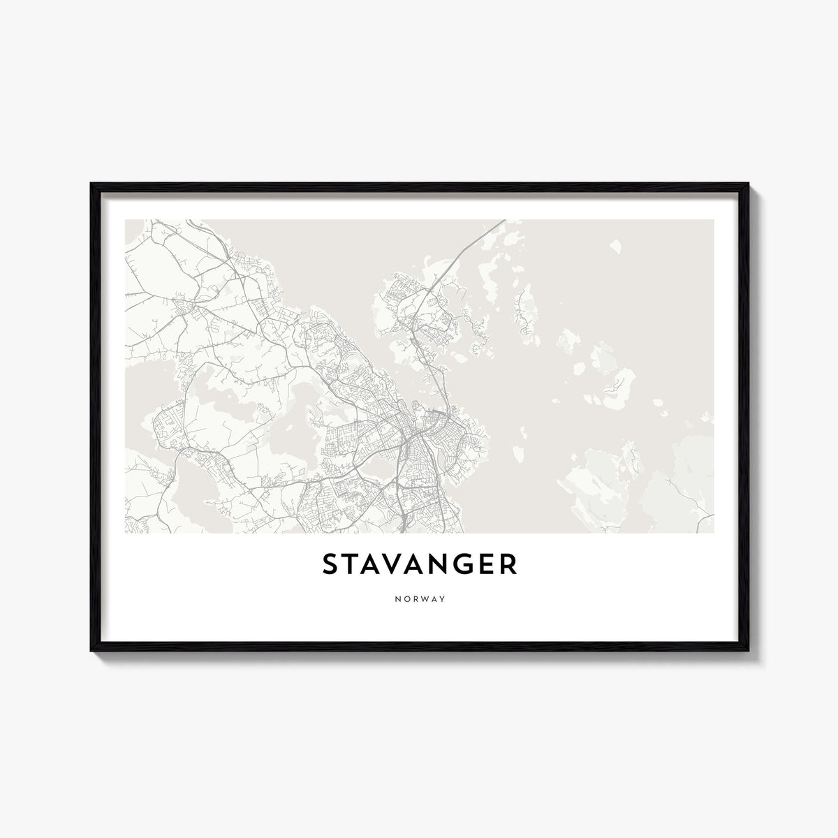 Stavanger black & white map poster of Norway – horizontal wall art, unframed print shown in interior mockup