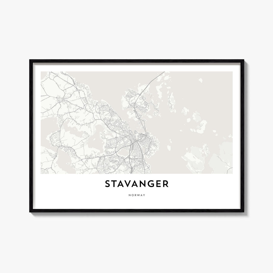 Stavanger black & white map poster of Norway – horizontal wall art, unframed print shown in interior mockup